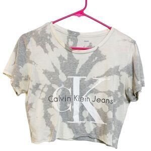 Calvin Klein Jeans Tie Dye Short Sleeve Crop Top Cream & Grey Size Medium